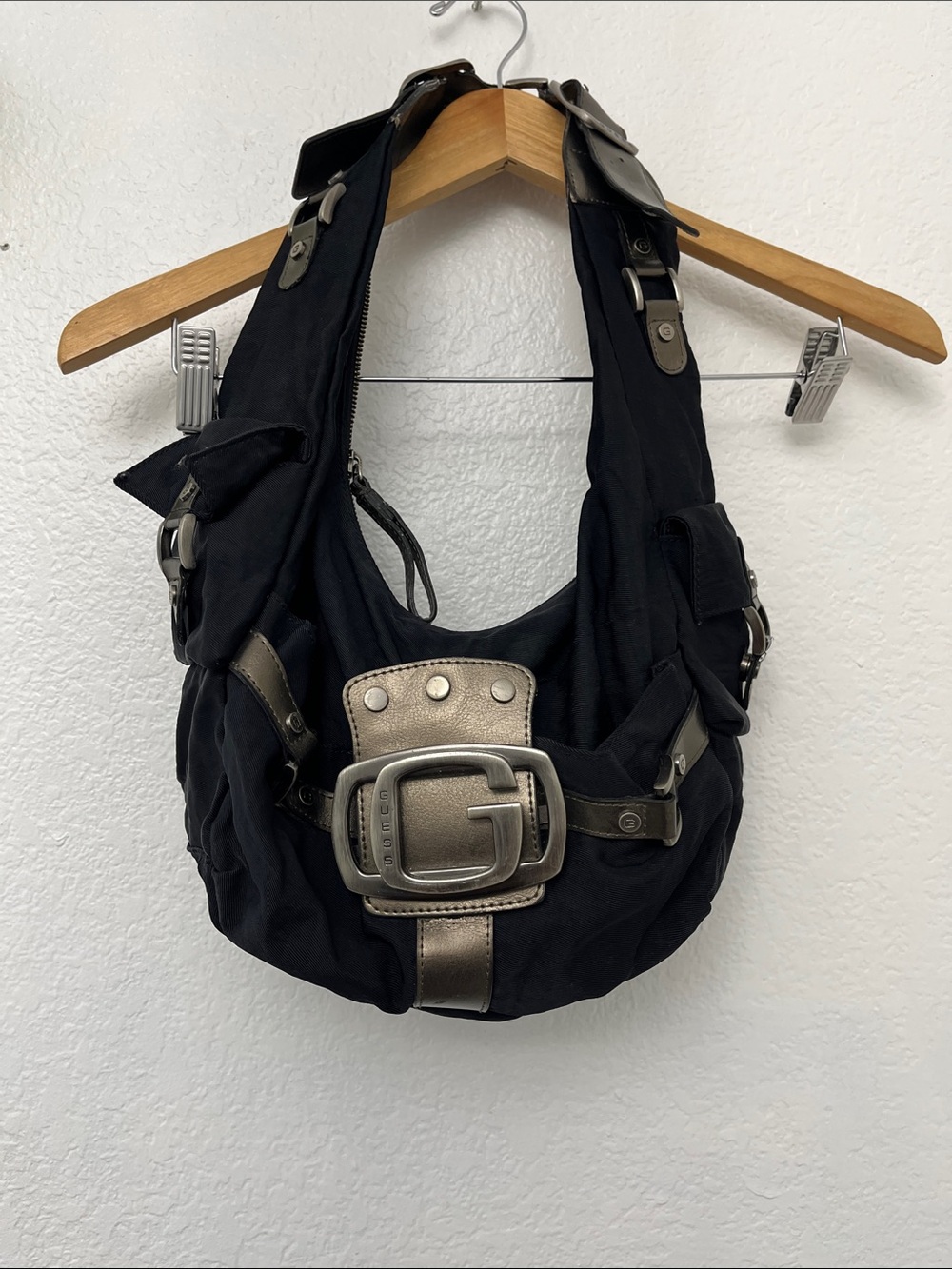 Y2K Guess Black Shoulder Hobo Bag with Metallic Accents